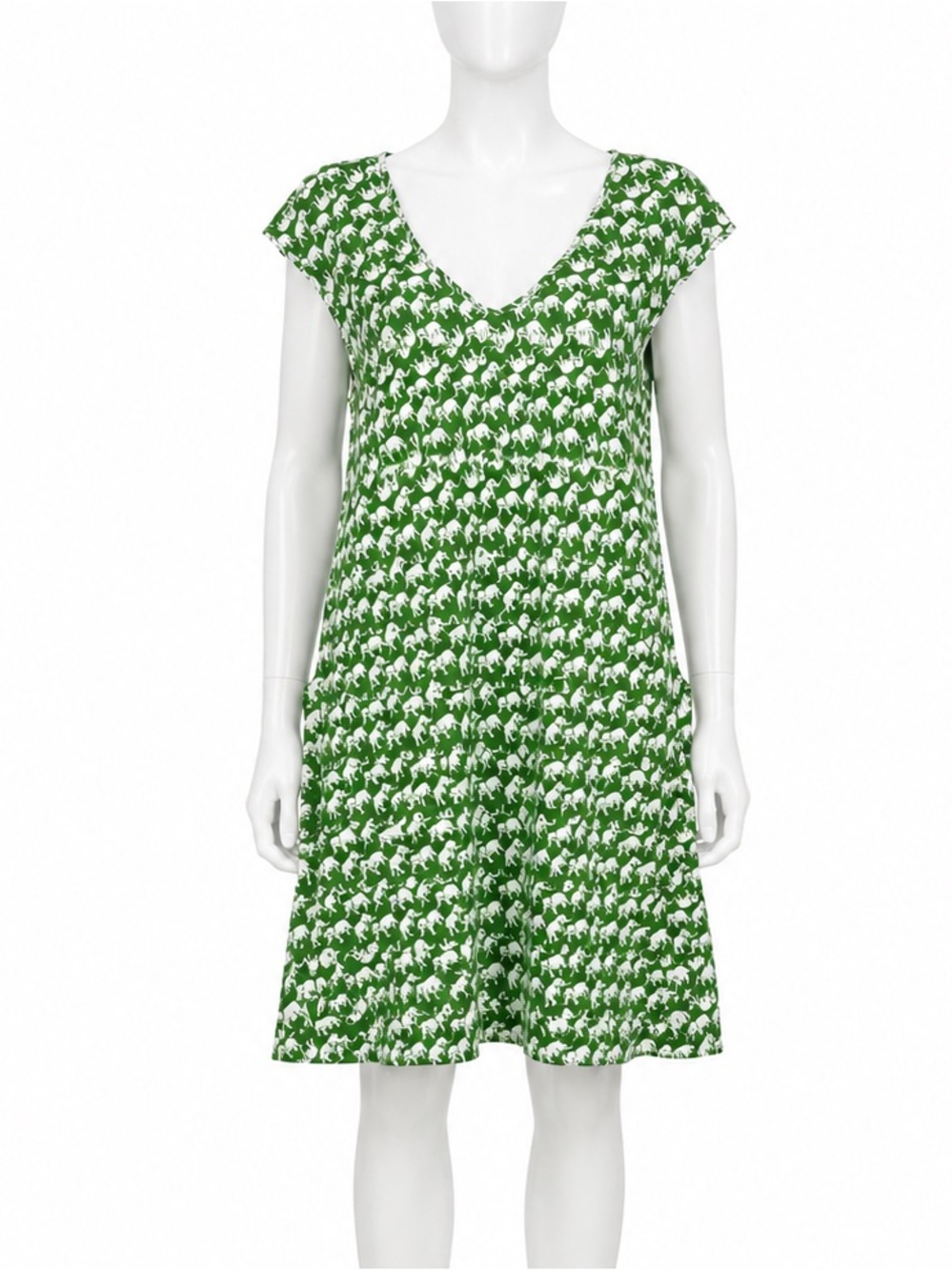 New York & Company Elephant Print Dress Green White XL Cap Sleeve Pockets
